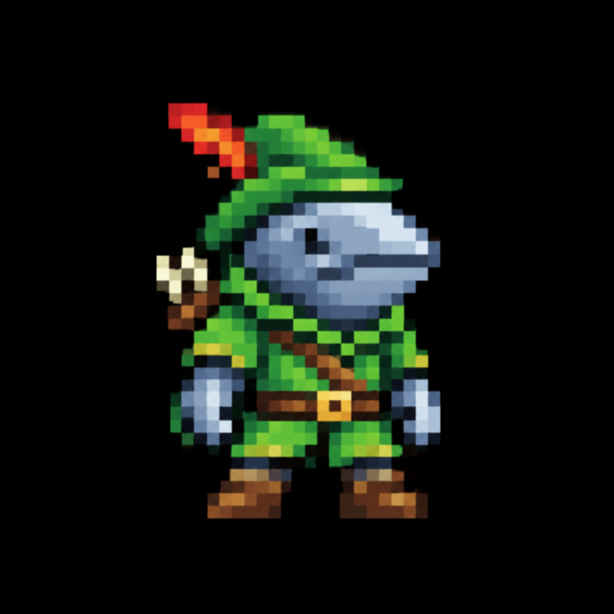 Pixel-art Robin Hood whale character in green